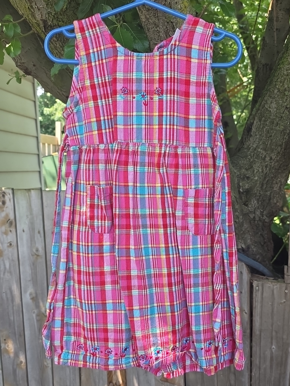 Vintage 100% Cotton Girls Pink Plaid Casual Sundress with Pockets